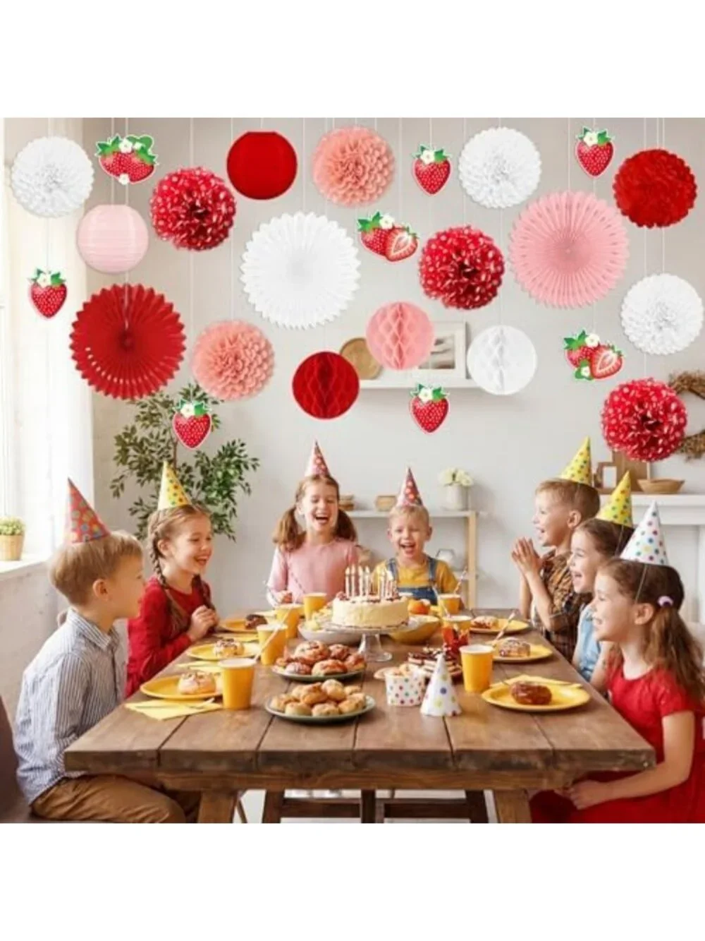 26pcs Strawberry Birthday Party Decor - Red Pink White Fans & Tissue Pom Poms